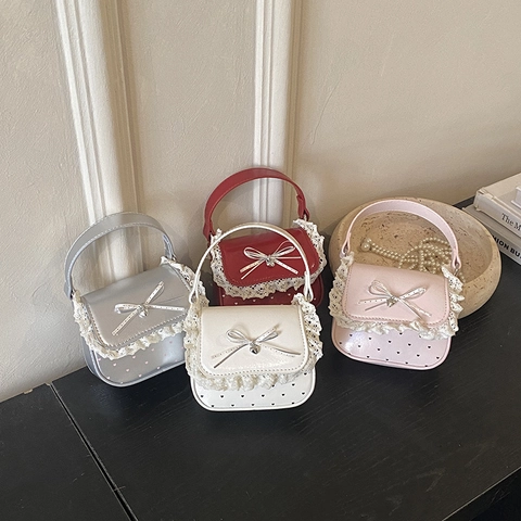 Mini Handtasche Für Kinder Mädchen Süße Lolita Spitze Schleife Herz Druck PU Leder Umhängetasche Mode