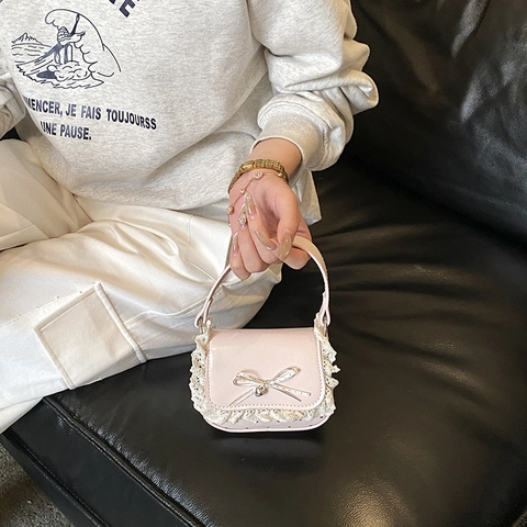 Mini Handtasche Für Kinder Mädchen Süße Lolita Spitze Schleife Herz Druck PU Leder Umhängetasche Mode