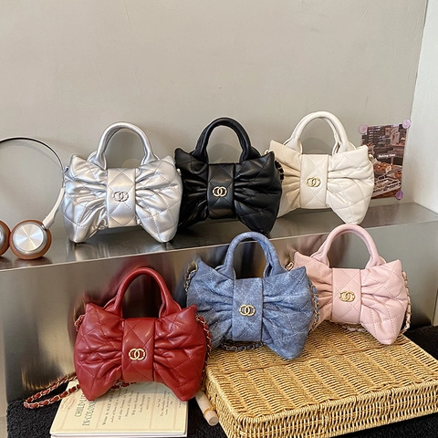 Kids Girls Bow Shape Quilted Handbag PU Leather Denim Chain Strap Shoulder Crossbody Bag Fashionable Elegant
