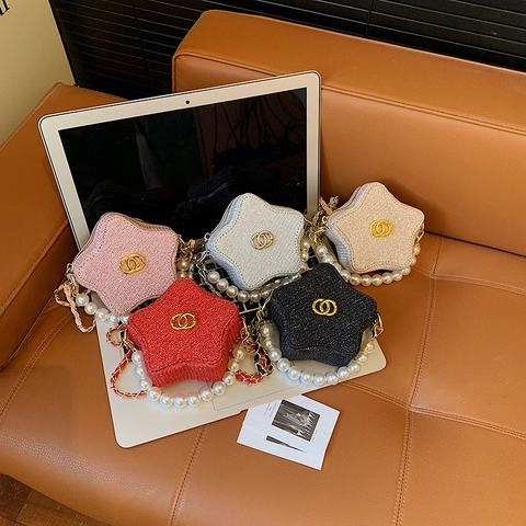 Kids Shoulder Bag Star Shaped Glitter PU Leather With Faux Artificial Pearl Handle And Metal Chain Fashion Accessory