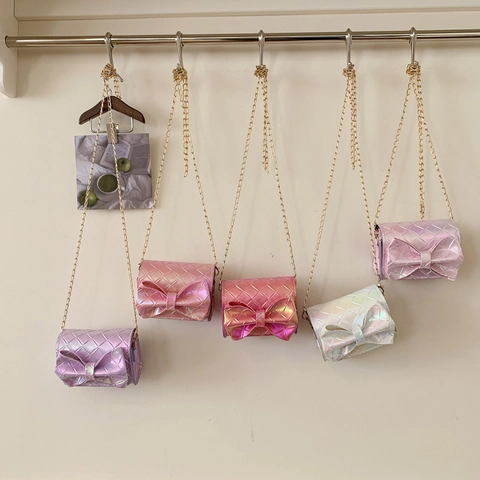 Kids Mini Crossbody Bag Holographic PU Leather Quilted Diamond Pattern Bowknot Metal Chain Shoulder Bag For Girls Trendy