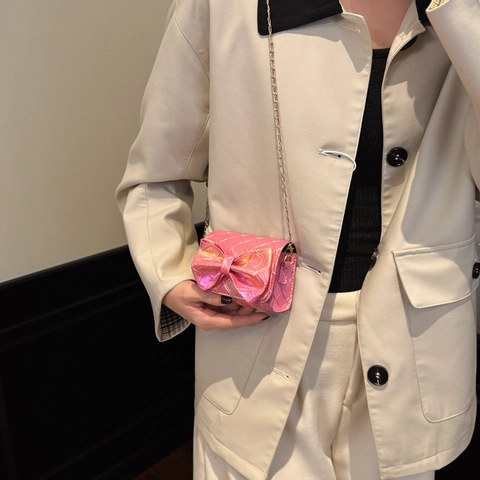 Kids Mini Crossbody Bag Holographic PU Leather Quilted Diamond Pattern Bowknot Metal Chain Shoulder Bag For Girls Trendy