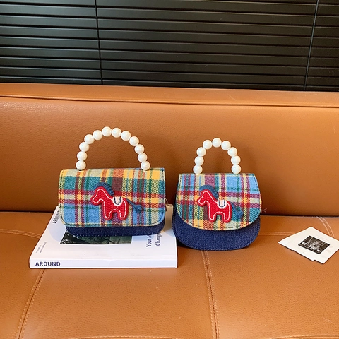Bolso De Hombro Mini Para Niños Tweed Cuadros Denim Empalme Con Asa De Perlas Artificiales Bordado De Pony Rojo Lindo Bolso De Mano