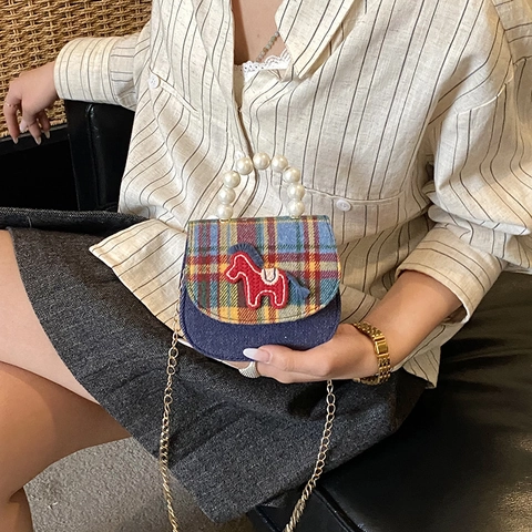 Bolso De Hombro Mini Para Niños Tweed Cuadros Denim Empalme Con Asa De Perlas Artificiales Bordado De Pony Rojo Lindo Bolso De Mano