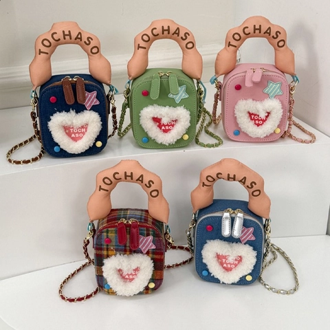 Mädchen Mini Umhängetasche Puffy Griff Plüsch Herz Stern Dekor PU Leder Denim Karo Süße Mode Kleine Schulter Handtasche