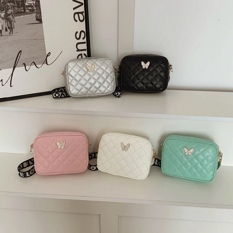 Kids Crossbody Bag PU Leather Rhombic Quilted Butterfly Decor Wide Letter Strap Fashion Girls Shoulder Mini Square Purse