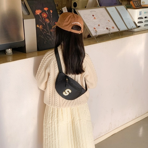 Kids Fanny Pack Chenille Letter Patch Nylon Chest Bag Crossbody Adjustable Strap Fashionable For Boys Girls