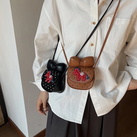Kinder Schoudertas PU Leer Polka Dot Grote Strik Pony Borduurwerk Schattig Schoudertas Voor Meisjes