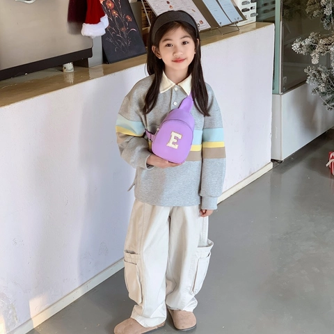 Kids Purple Nylon Chest Bag Chenille Alphabet Patch Sling Crossbody Bag Casual Adjustable Strap Boys Girls