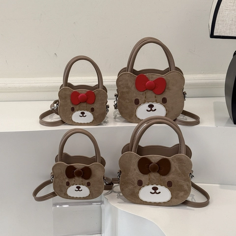 Borsa A Mano Orso Cartone Animato Pelle PU Texture Camoscio Tracolla Removibile Fiocco Borsa A Tracolla Per Bambini Ragazze