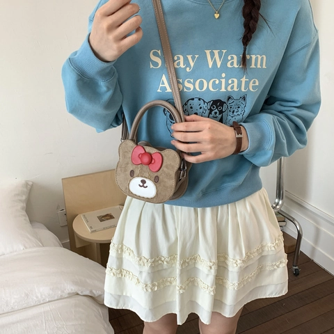 Borsa A Mano Orso Cartone Animato Pelle PU Texture Camoscio Tracolla Removibile Fiocco Borsa A Tracolla Per Bambini Ragazze
