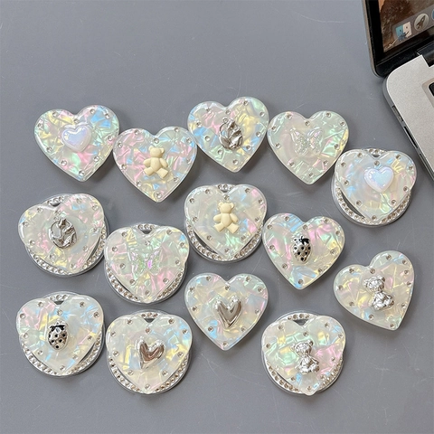 Support De Téléphone Pliable En Forme De Cœur Irisé Griptok Avec Décor D'Ours 3D Fraise Et Garniture En Strass Résine