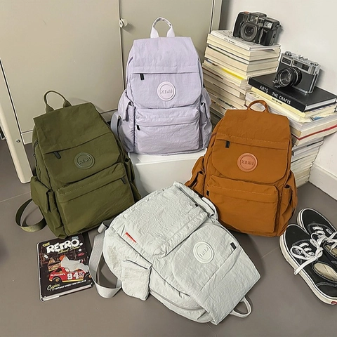 Sac À Dos Enfants Nylon Léger Texture Gauffrée Multi-Poches Grande Capacité École Voyage Décontracté Style Preppy