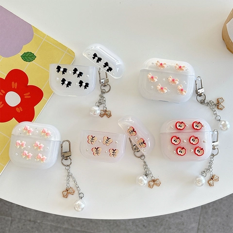 Earphone Case Transparent Glitter With Artificial Pearl Butterfly Bowknot Pendant Sweet Fashionable Cover For Wireless Earbuds