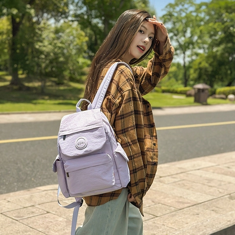 Sac À Dos Enfants Nylon Léger Texture Gauffrée Multi-Poches Grande Capacité École Voyage Décontracté Style Preppy