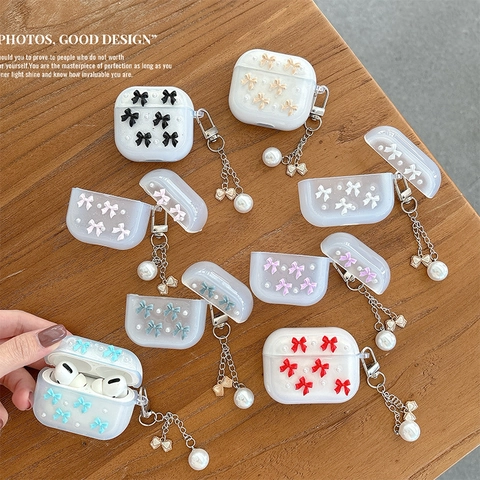 Custodia Per Auricolari Wireless In TPU Glitterata Con Fiocco E Ciondolo In Perla Artificial Per Scatola Di Ricarica Bluetooth