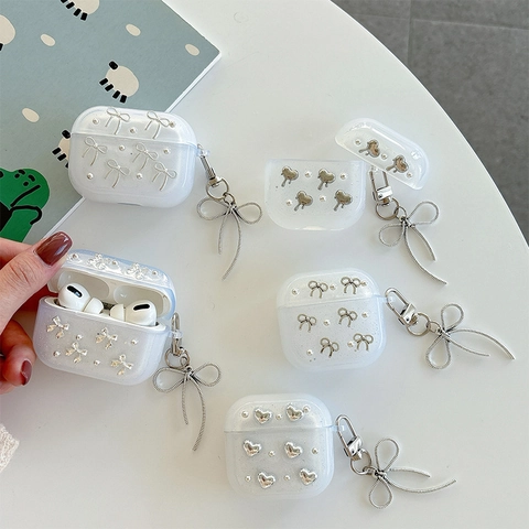 Glitter TPU Wireless Earphone Case With Silver Bow Heart Artificial Pearl Decor And Pendant Protective Cover