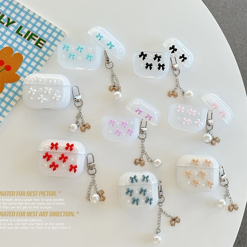 Custodia Per Auricolari Wireless In TPU Glitterata Con Fiocco E Ciondolo In Perla Artificial Per Scatola Di Ricarica Bluetooth