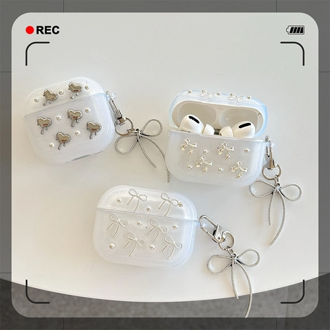 Glitter TPU Wireless Earphone Case With Silver Bow Heart Artificial Pearl Decor And Pendant Protective Cover
