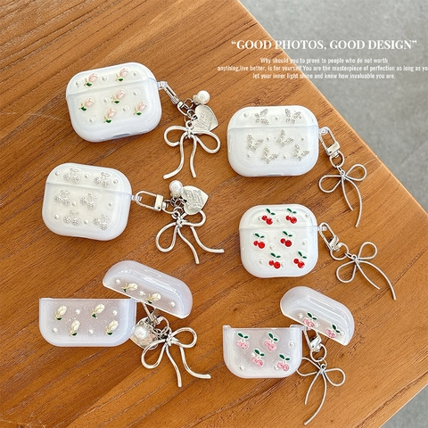 Glitter Transparent TPU Earphone Case With Rhinestone Cherry Bow Pendant Artificial Pearl Decor Cute Fresh Girly Protective Cover