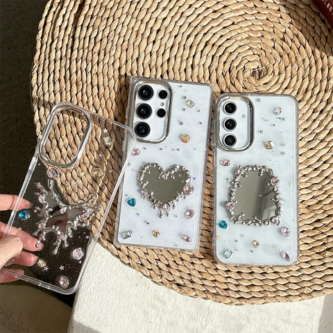 Funda De Teléfono Para Samsung Galaxy Metal Líquido Lava Espejo Corazón Mariposa Brillo Diamantes Y2K Estético Coreano