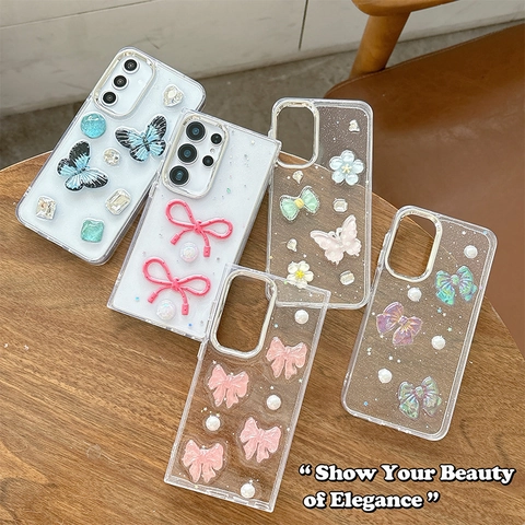 Funda Móvil TPU Transparente Brillo Con 3D Mariposa Lazo Flor Rhinestone Perla Artificial Decoración Antichoque Para Mujeres