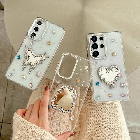 Funda De Teléfono Para Samsung Galaxy Metal Líquido Lava Espejo Corazón Mariposa Brillo Diamantes Y2K Estético Coreano