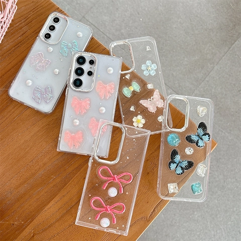 Funda Móvil TPU Transparente Brillo Con 3D Mariposa Lazo Flor Rhinestone Perla Artificial Decoración Antichoque Para Mujeres