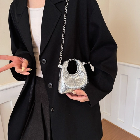 Mini Bolso De Hombro Para Niños Cuero PU Metálico Acolchado Cadena Mano Para Niños Niñas Moda Color Sólido Monedero