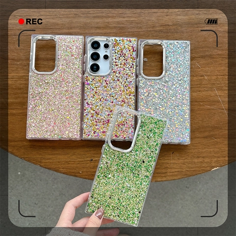 Glitter Sparkly Phone Case Epoxy Sequin TPU Shockproof Protective Cover For Samsung Galaxy S25 S24 Ultra Luxury Niche Women