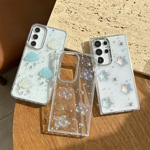 Funda Teléfono 3D Nube Estrella Cereza Purpurina Transparente TPU Antigolpes Strass Decorativo Marco Galvanizado Lindo