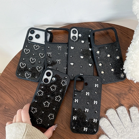 TPU Black Glitter Phone Case With 3D Silver Bow Heart Flower Star Metal Decor Protective Cover For IPhone
