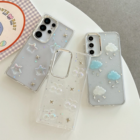 Funda Teléfono 3D Nube Estrella Cereza Purpurina Transparente TPU Antigolpes Strass Decorativo Marco Galvanizado Lindo