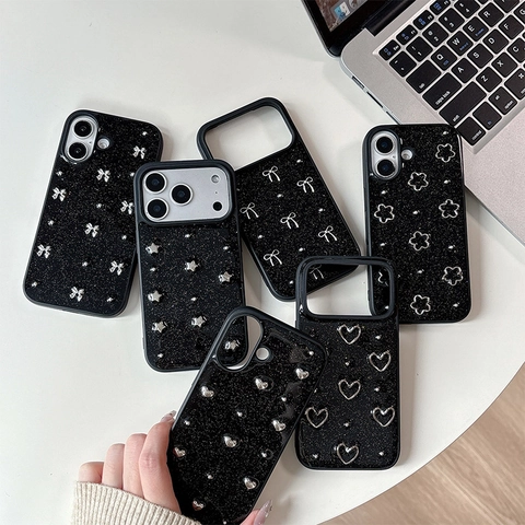 TPU Black Glitter Phone Case With 3D Silver Bow Heart Flower Star Metal Decor Protective Cover For IPhone