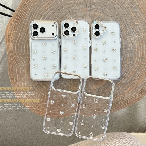 Funda De Teléfono Transparente Tpu Marco Galvanizado Purpurina Lazo Corona Corazón Perlas Artificiales Carcasa Elegante