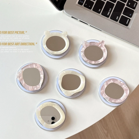 Magnetischer Handy Griff Ständer Mit Mini Make Up Spiegel Katzenohr Acetat Marmor Muster Schalen Textur Faltbar