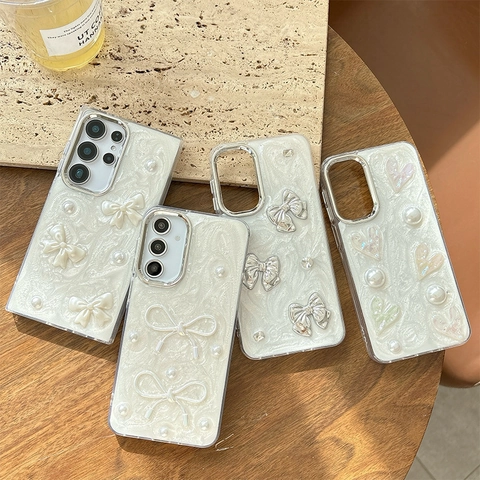Bowknot Artificial Pearl Heart Glitter Phone Case TPU Shell Elegant Style Shockproof Protective Cover For Women Lady Girls