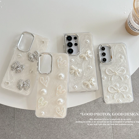 Bowknot Artificial Pearl Heart Glitter Phone Case TPU Shell Elegant Style Shockproof Protective Cover For Women Lady Girls