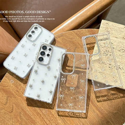 Clear Glitter Phone Case For Samsung Galaxy S25 S24 Ultra A16 A15 With 3D Silver Bow Crown Star Artificial Pearl Decor Anti-Fall TPU