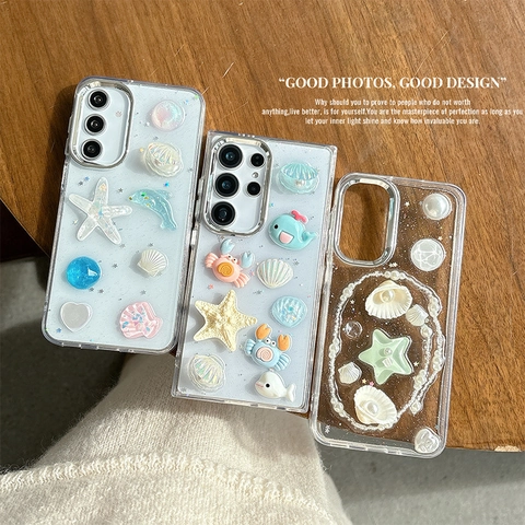 Funda Samsung Galaxy Transparente Brillo Tema Océano 3D Delfín Cangrejo Concha Estrella De Mar Perla Artificial Decoración TPU Suave