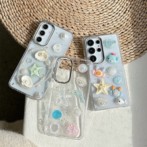 Funda Samsung Galaxy Transparente Brillo Tema Océano 3D Delfín Cangrejo Concha Estrella De Mar Perla Artificial Decoración TPU Suave