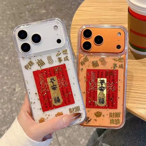 Funda Transparente De TPU Para Teléfono Año Nuevo Chino Diseño De Suerte Bendición Pan De Oro Relieve 3D Tradicional Festivo
