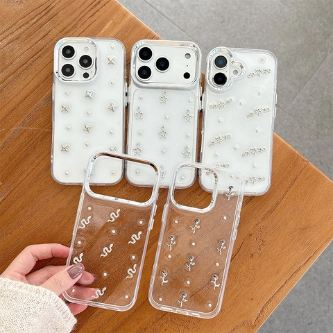 Luxus Anti-Drop Handyhülle Mit Galvanisiertem Rahmen Glitzer Epoxy 3D Silber Stern Rose Schlange Anhänger Für iPhone