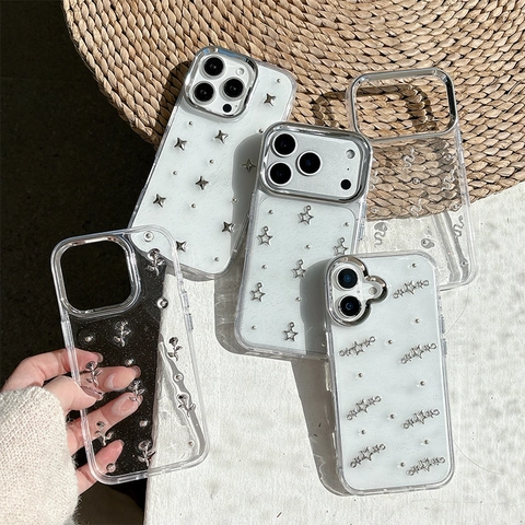 Luxus Anti-Drop Handyhülle Mit Galvanisiertem Rahmen Glitzer Epoxy 3D Silber Stern Rose Schlange Anhänger Für iPhone