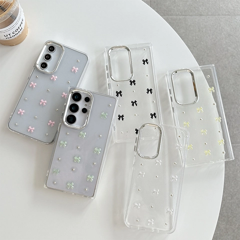 Aesthetic Glitter Phone Case Transparent 3D Artificial Pearl Bow Tie Silver Bead Electroplated Frame Shockproof Cute Smartphone Cover