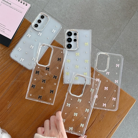 Aesthetic Glitter Phone Case Transparent 3D Artificial Pearl Bow Tie Silver Bead Electroplated Frame Shockproof Cute Smartphone Cover