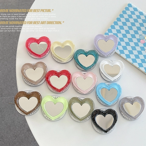 Heart Shaped Phone Grip Magnetic Expanding Stand With Makeup Mirror Glitter Sequin For Smartphones