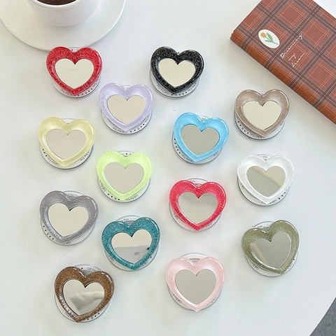 Heart Shaped Phone Grip Magnetic Expanding Stand With Makeup Mirror Glitter Sequin For Smartphones