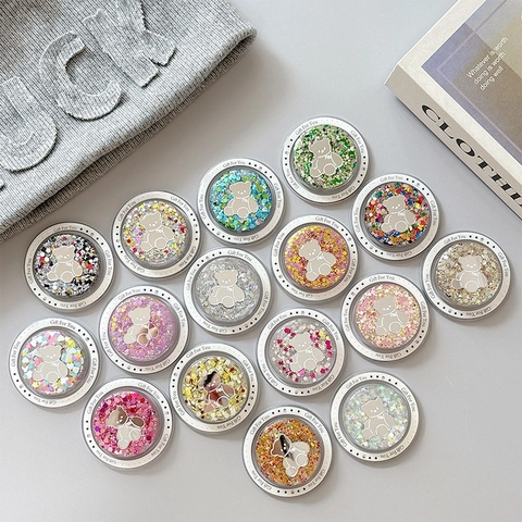 Supporto Per Telefono Rotondo Con Glitter Liquidi Griptok Con Design A Orso Specchio Plastica Trasparente Supporto Magnetico