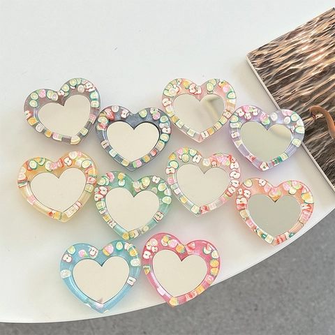 Heart Shaped Phone Grip With Mirror Korean Ins Style Glitter Resin Simulated Fruit Slices Universal Adhesive Griptok Stand